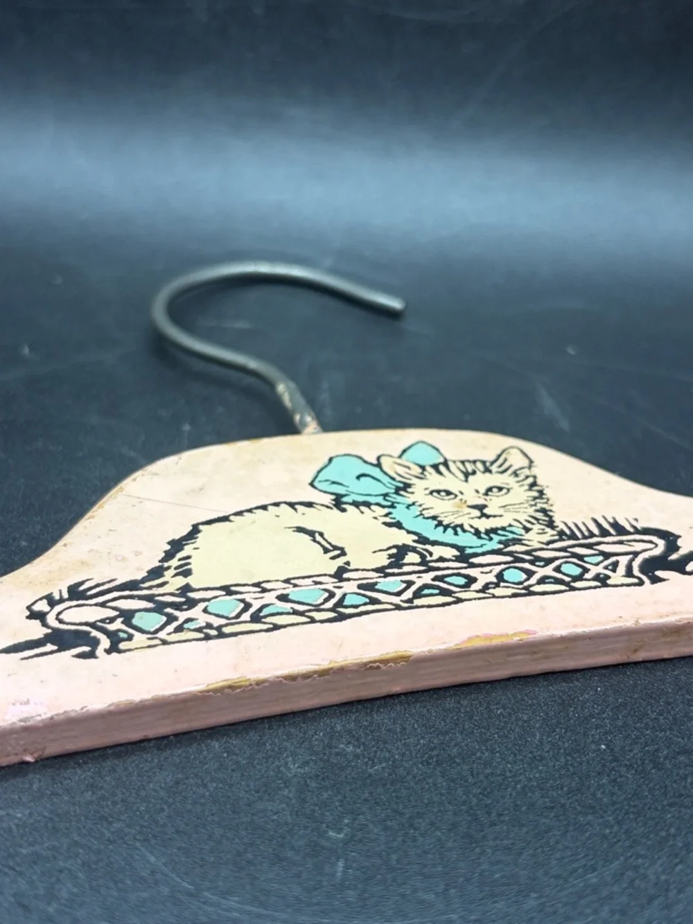 1930s Vintage Children's Wooden Clothing Hanger Pink Kitten Cat With Blue Bow